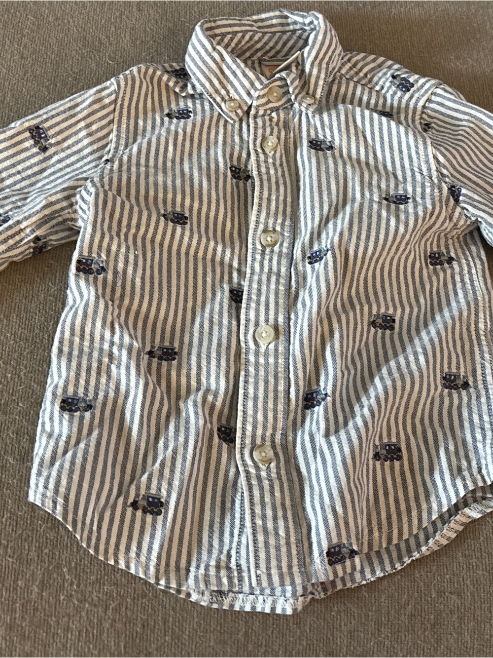 Striped Blue & White Button-Up Shirt with Navy Train Embroidery